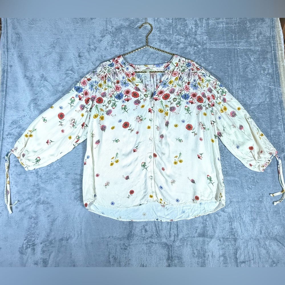 Kate & Sam XL Floral Peasant Prairie Blouse Ivory‎ Botanical Boho Spring Top